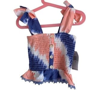 NWT Jessica Simpson Girls Tie Dye Smocked Tank Top Bow Straps Blue Peach Sz 7/8